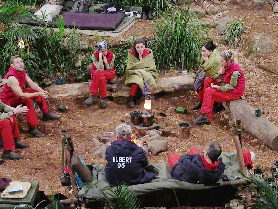 Acht Stars sitzen um das Lagerfeuer im RTL-Dschungelcamp