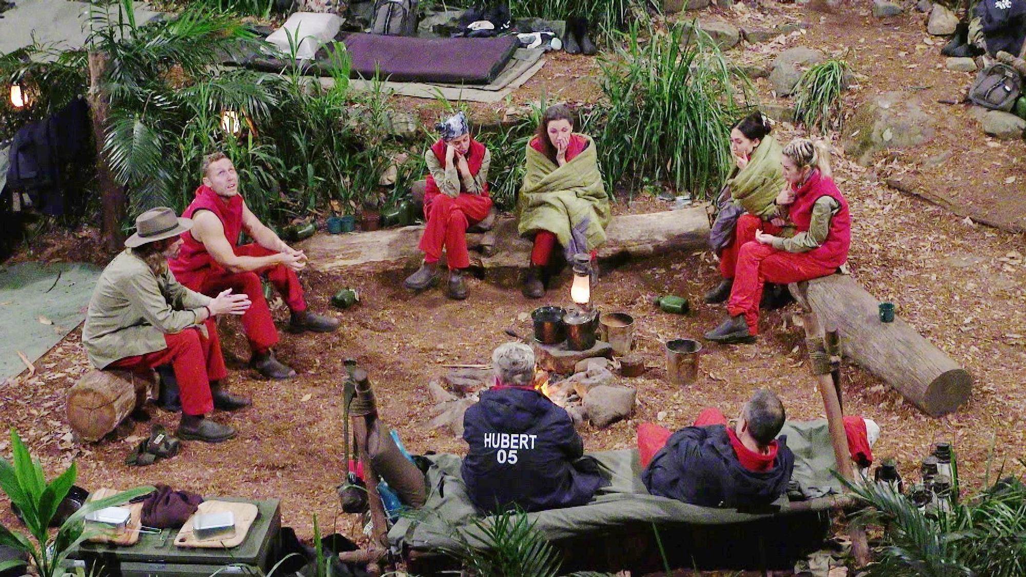 Acht Stars sitzen um das Lagerfeuer im RTL-Dschungelcamp