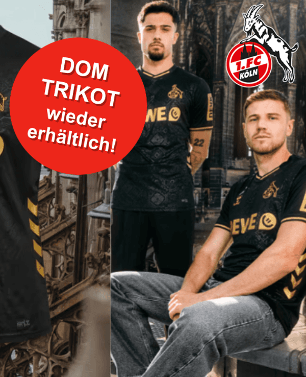 Ausweich-/Sondertrikot FC x Dom vom 1. FC Köln zum 777-Jahre-Jubiläum des Kölner Doms. Bilder von Herren mit dem Ausweichtrikot 2025/26 vor dem Kölner Dom.