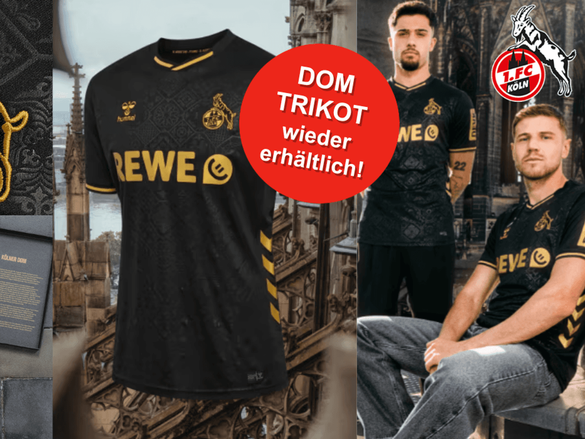 Ausweich-/Sondertrikot FC x Dom vom 1. FC Köln zum 777-Jahre-Jubiläum des Kölner Doms. Bilder von Herren mit dem Ausweichtrikot 2025/26 vor dem Kölner Dom.