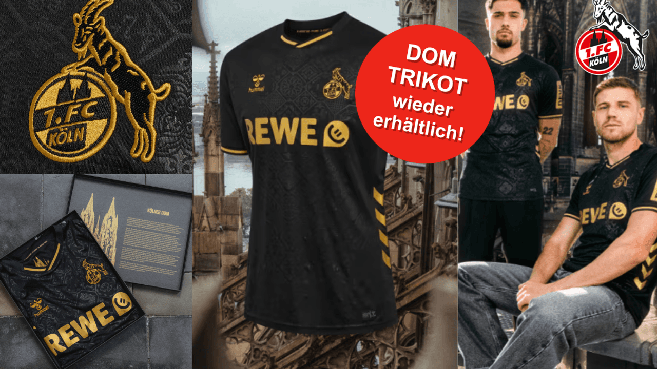 Ausweich-/Sondertrikot FC x Dom vom 1. FC Köln zum 777-Jahre-Jubiläum des Kölner Doms. Bilder von Herren mit dem Ausweichtrikot 2025/26 vor dem Kölner Dom.