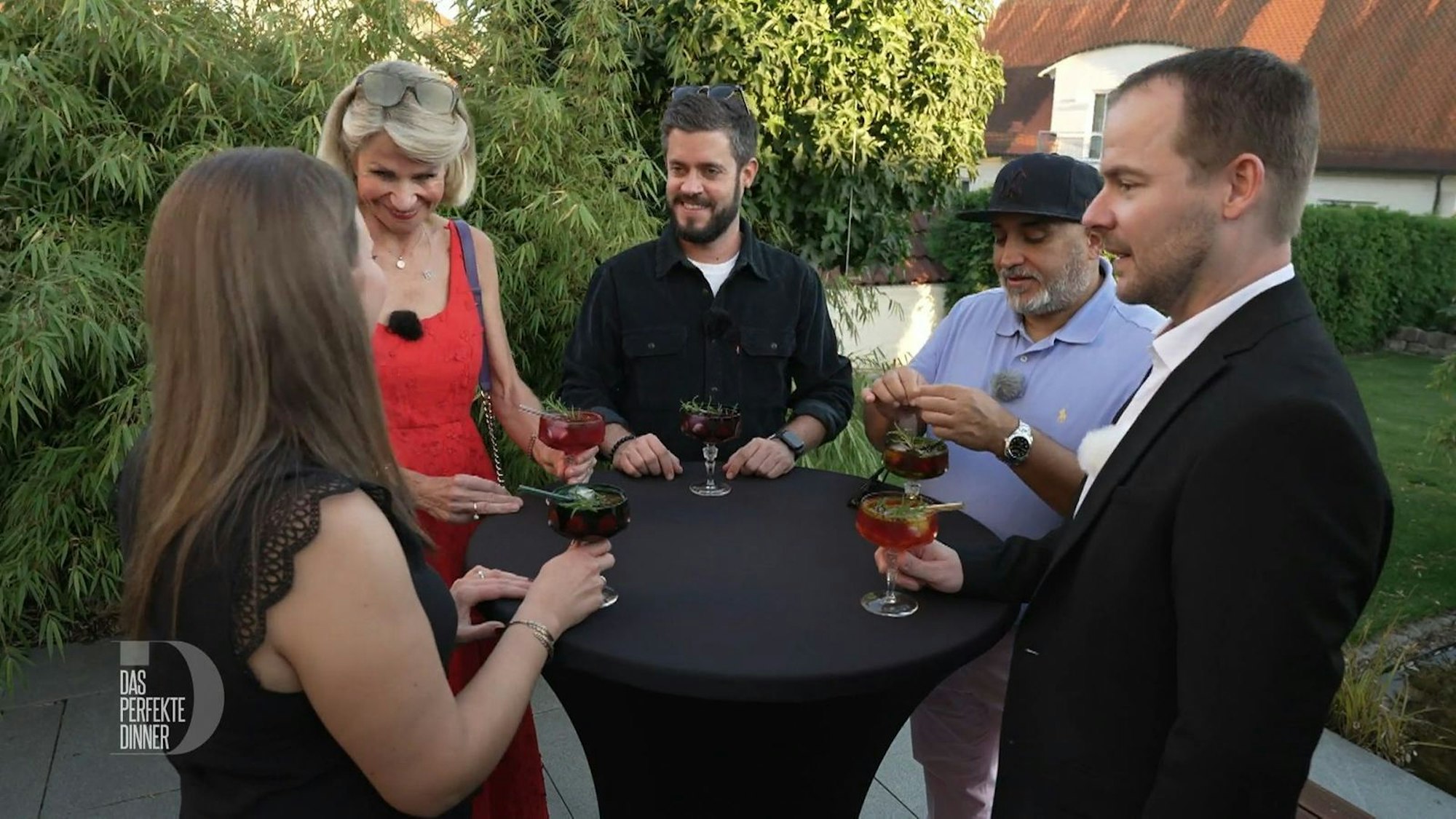 Im Garten macht Elena einen kleinen Stehempfang für (von links) Martina, Kevin, Musti und Richi. (Bild: RTL)