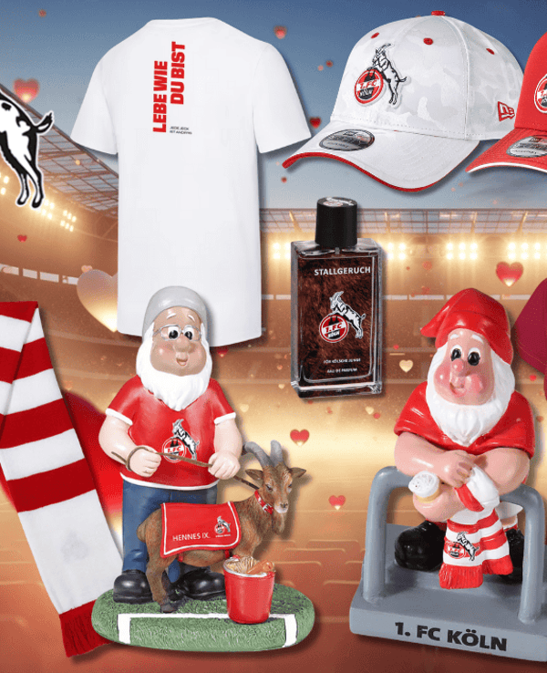 Verschiedene Produkte aus dem FC Fanshop vor einem Stadion Hintergrund mit Herzen.