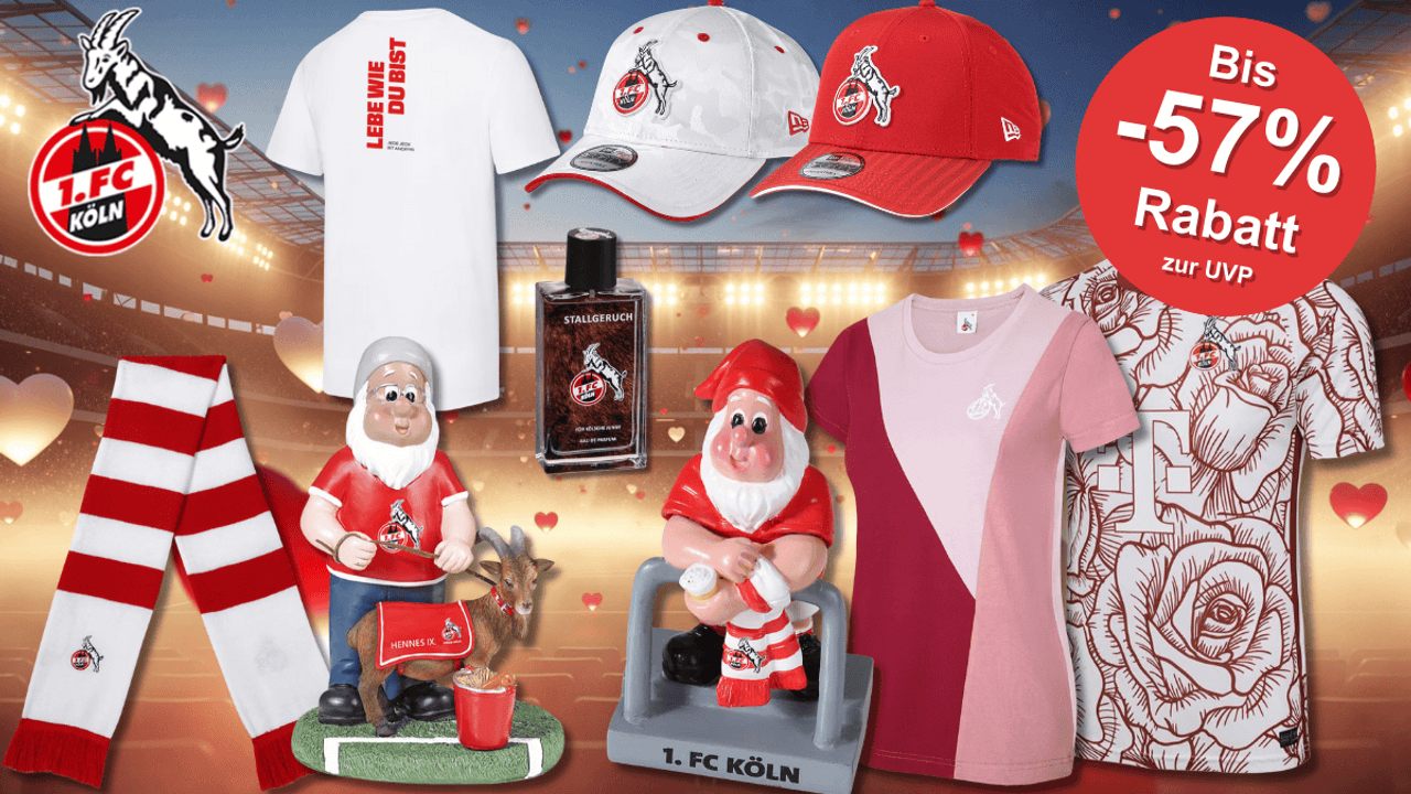 Verschiedene Produkte aus dem FC Fanshop vor einem Stadion Hintergrund mit Herzen.