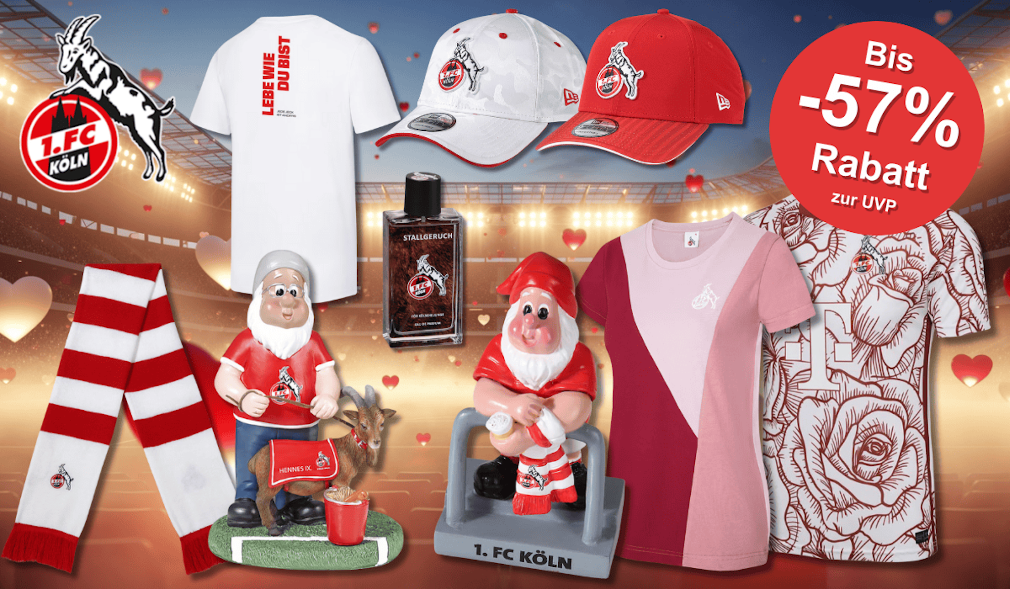 Verschiedene Produkte aus dem FC Fanshop vor einem Stadion Hintergrund mit Herzen.