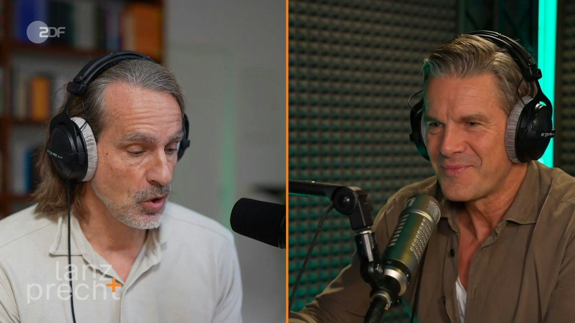 „Werden wir immer fauler?“ Zu der Frage diskutierten Richard David Precht (links) und Markus Lanz in der aktuellen Ausgabe ihres ZDF-Podcasts. (Bild: ZDF)