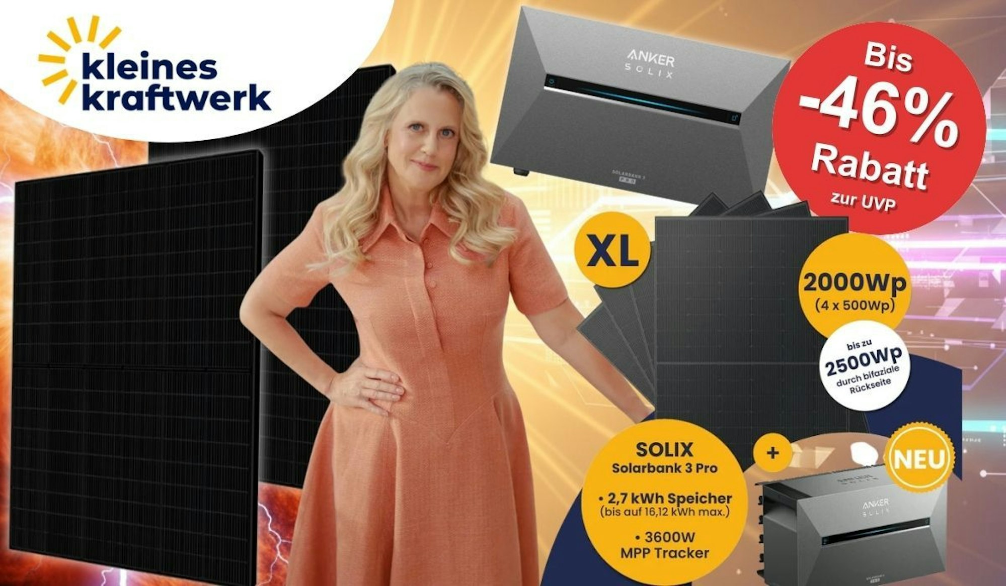 Kleines Kraftwerk Balkonkraftwerk mit Anker Solix Solarbank 3 Pro und Solar-Panelen vor Sonne, Blitzen und technischen Lichtern. Im Vordergrund Barbara Schöneberger, die das Gesicht der aktuellen Werbekampagne ist.