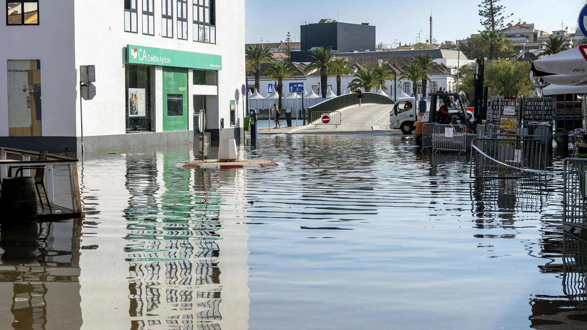 Überflutete Straße, Gebäude, Palmen, Brücke