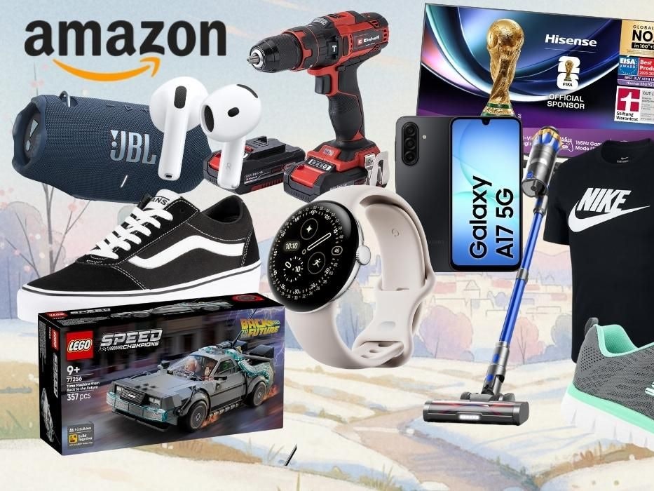 Produkte vor einem winterlichen verschneiten Landschaft Hintergrund im Comicstil. Produkte wie Einhell Akkuschrauber, Skechers Sneaker, Apple AirPods 4, Lego Speed Champions DeLorean Back to the Future, Stabstaubsauger, Nike Shirt, Google Pixel Smartwatch, Vans Sneaker, JBL Box, Samsung Galaxy A17 Smartphone.