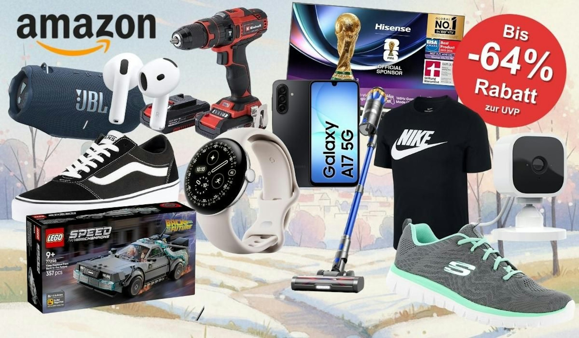 Produkte vor einem winterlichen verschneiten Landschaft Hintergrund im Comicstil. Produkte wie Einhell Akkuschrauber, Skechers Sneaker, Apple AirPods 4, Lego Speed Champions DeLorean Back to the Future, Stabstaubsauger, Nike Shirt, Google Pixel Smartwatch, Vans Sneaker, JBL Box, Samsung Galaxy A17 Smartphone.