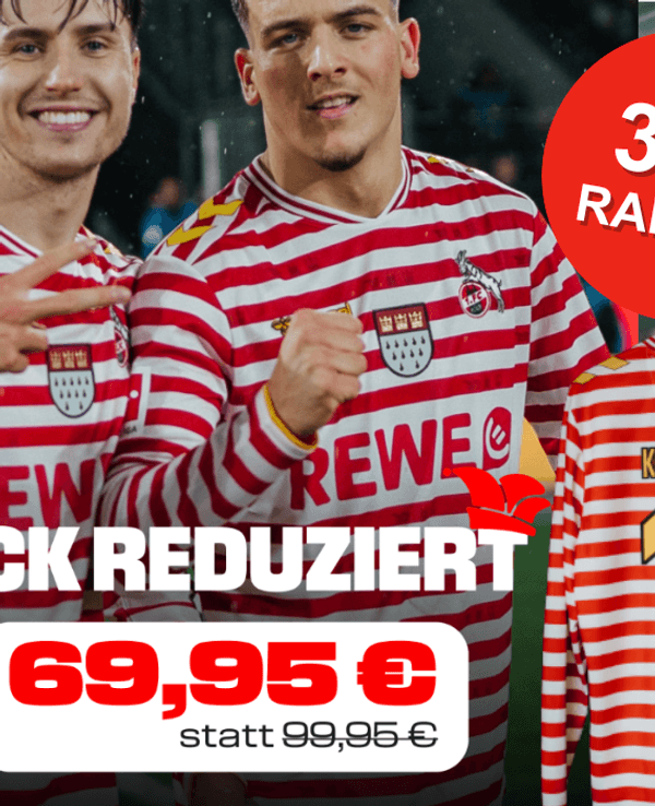 Das 1. FC Köln Fastelovend Trikot getragen von zwei Herren.