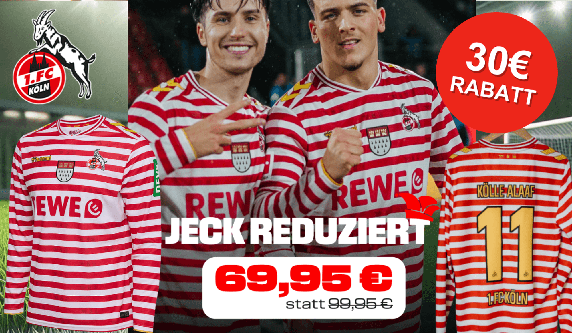 Das 1. FC Köln Fastelovend Trikot getragen von zwei Herren.