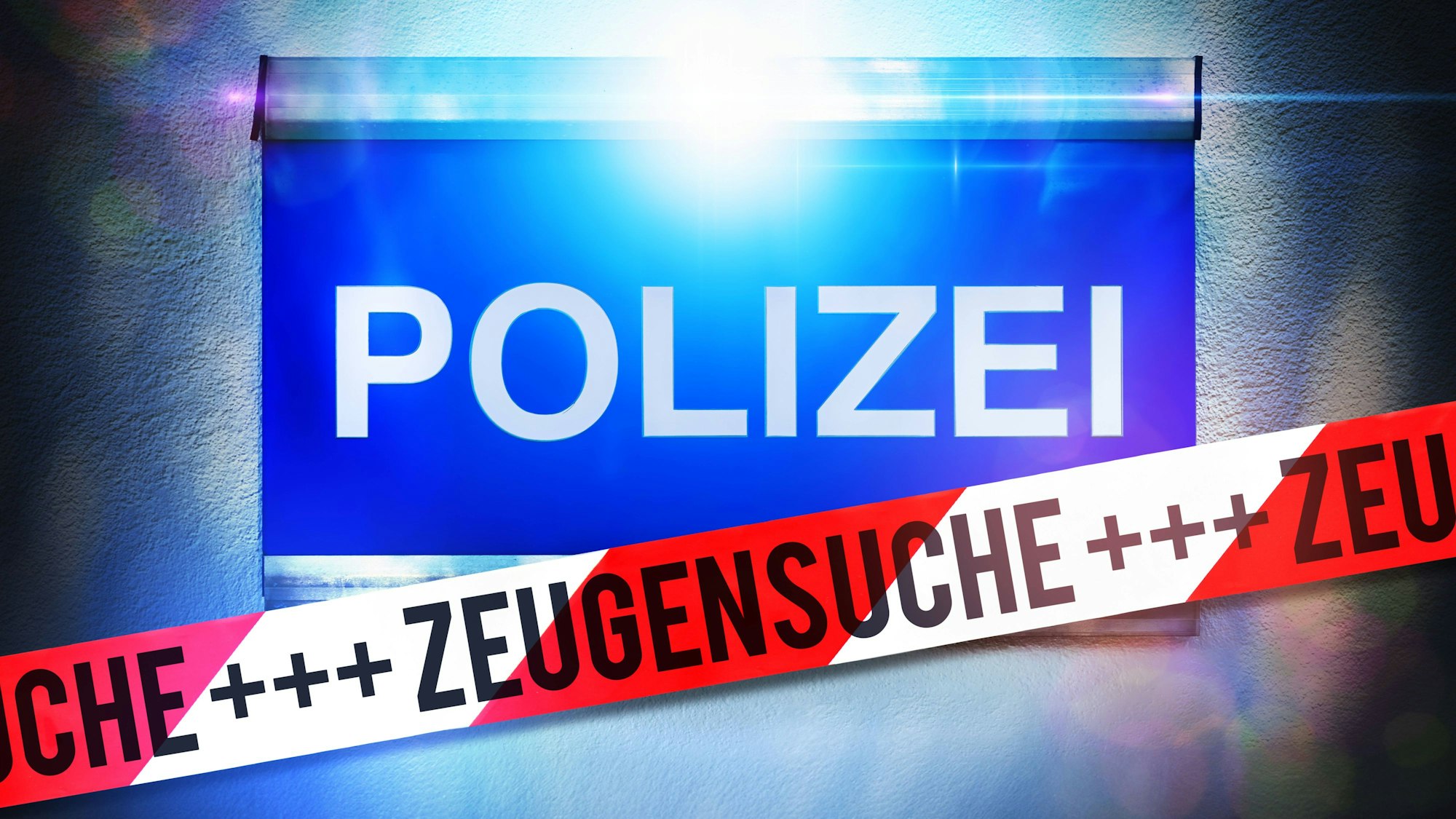 Polizei-Hinweis, Blaulicht, Absperrband mit Zeugensuche