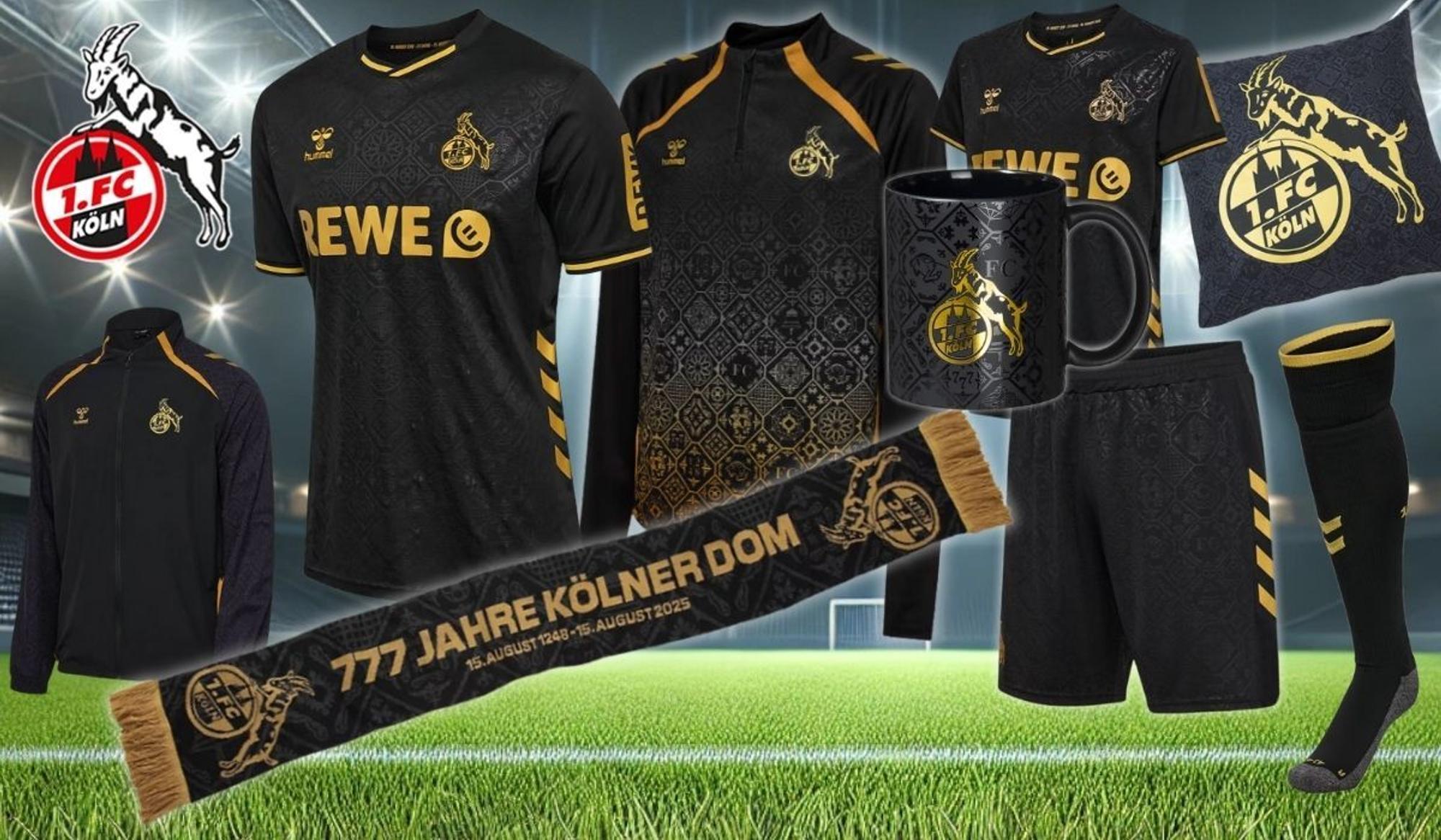 1. FC Köln FC x Dom Kollektion mit Ausweichtrikot 2025/26 Senior und Junior, Auflaufjacke, Aufwärmtop, Shorts, Bettwäsche, Premiumtasse, Premiumschal vor einem grünen Rasen in einem Fußballstadion in der Nacht mit Flutscheinwerfern