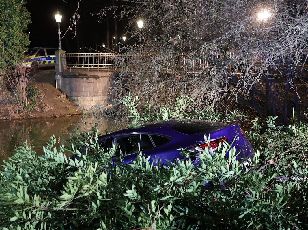 Ein Pkw liegt am Ufer eines Teiches im Gebüsch, nachem es aus dem Teich gezogen wurde.