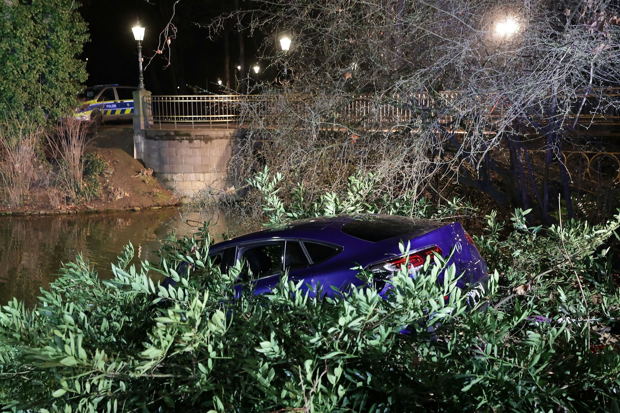 Ein Pkw liegt am Ufer eines Teiches im Gebüsch, nachem es aus dem Teich gezogen wurde.