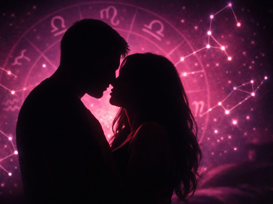 Die Silhouette eines Liebespaars vor einem Hintergrund mit Sternbildern.