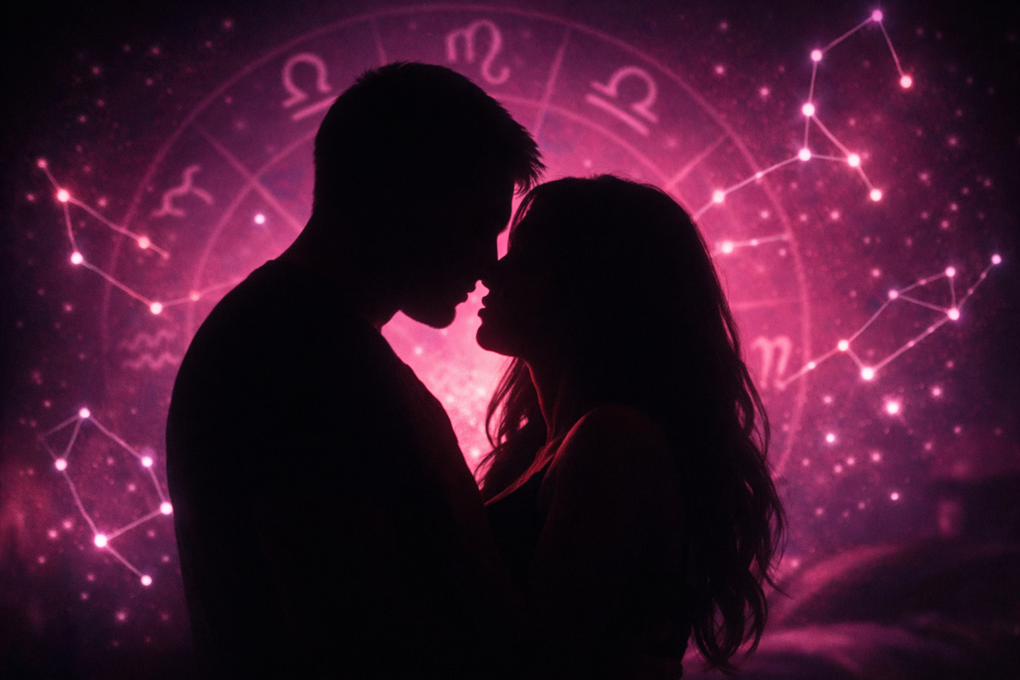 Die Silhouette eines Liebespaars vor einem Hintergrund mit Sternbildern.