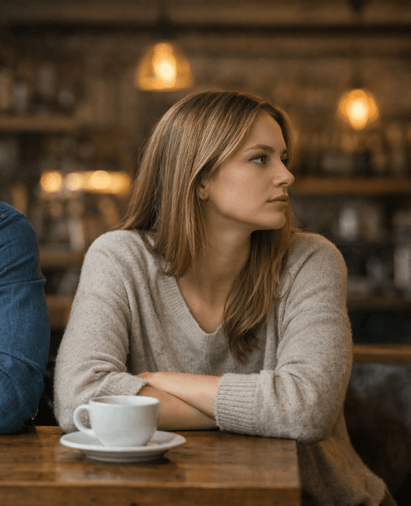 Ein Mann und ein Frau sitzen im Café und ignorieren sich und schauen voneinander weg.