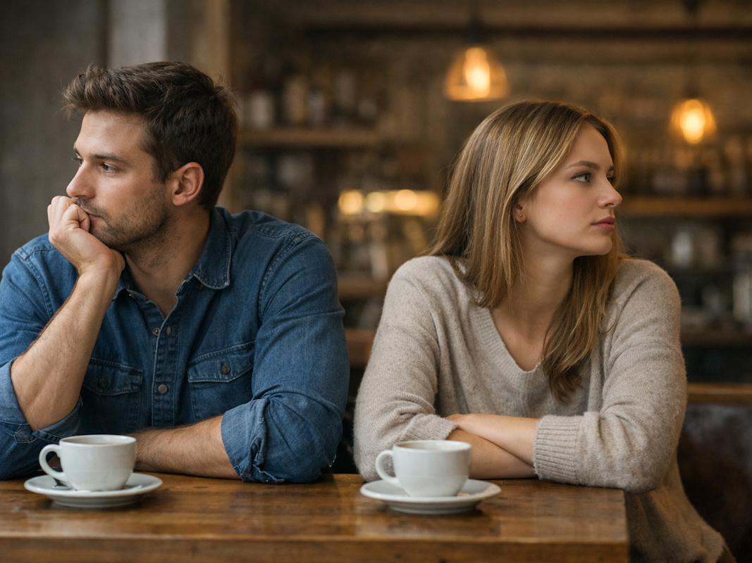 Ein Mann und ein Frau sitzen im Café und ignorieren sich und schauen voneinander weg.