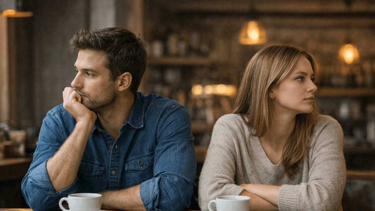 Ein Mann und ein Frau sitzen im Café und ignorieren sich und schauen voneinander weg.