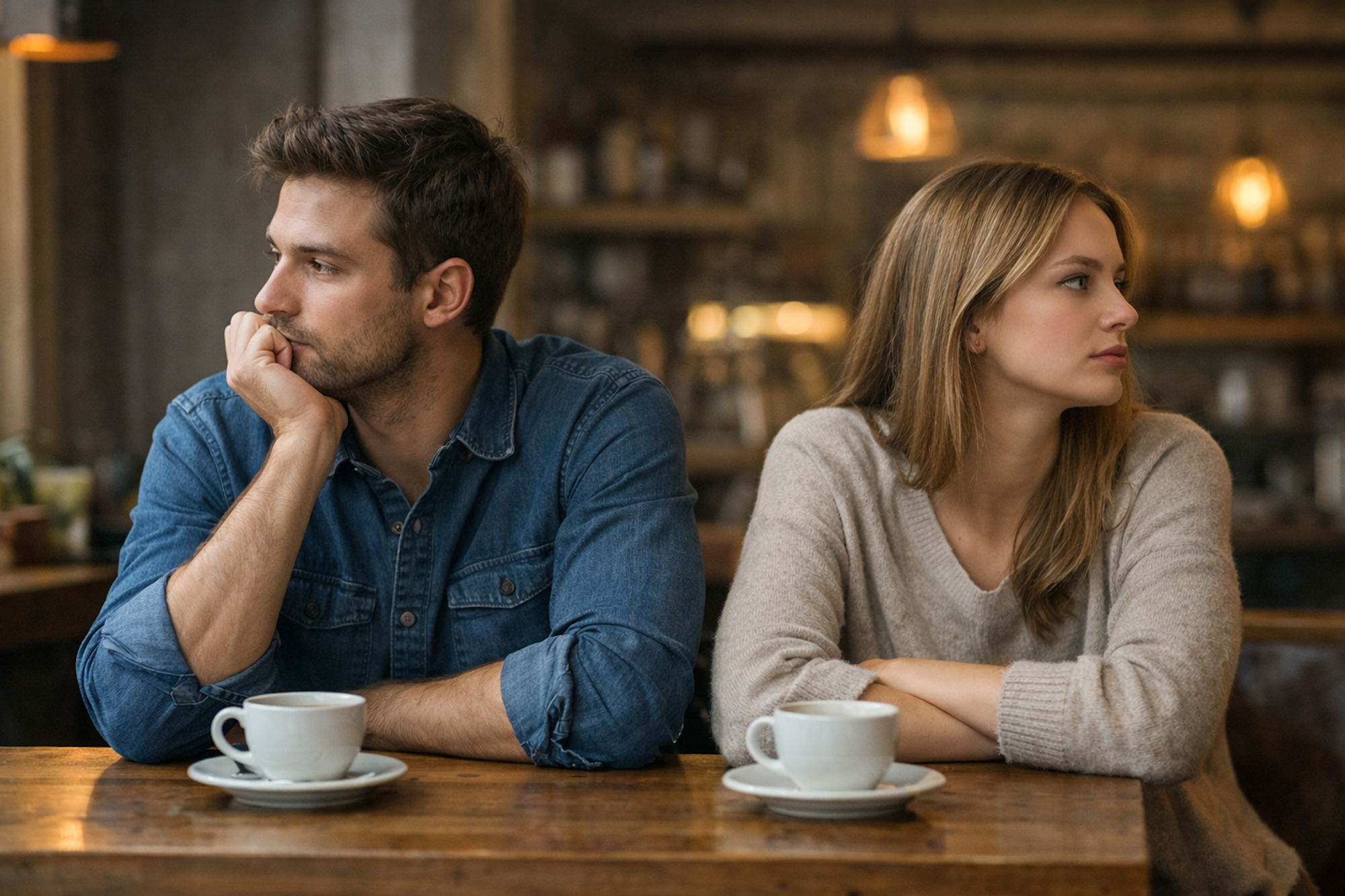 Ein Mann und ein Frau sitzen im Café und ignorieren sich und schauen voneinander weg.