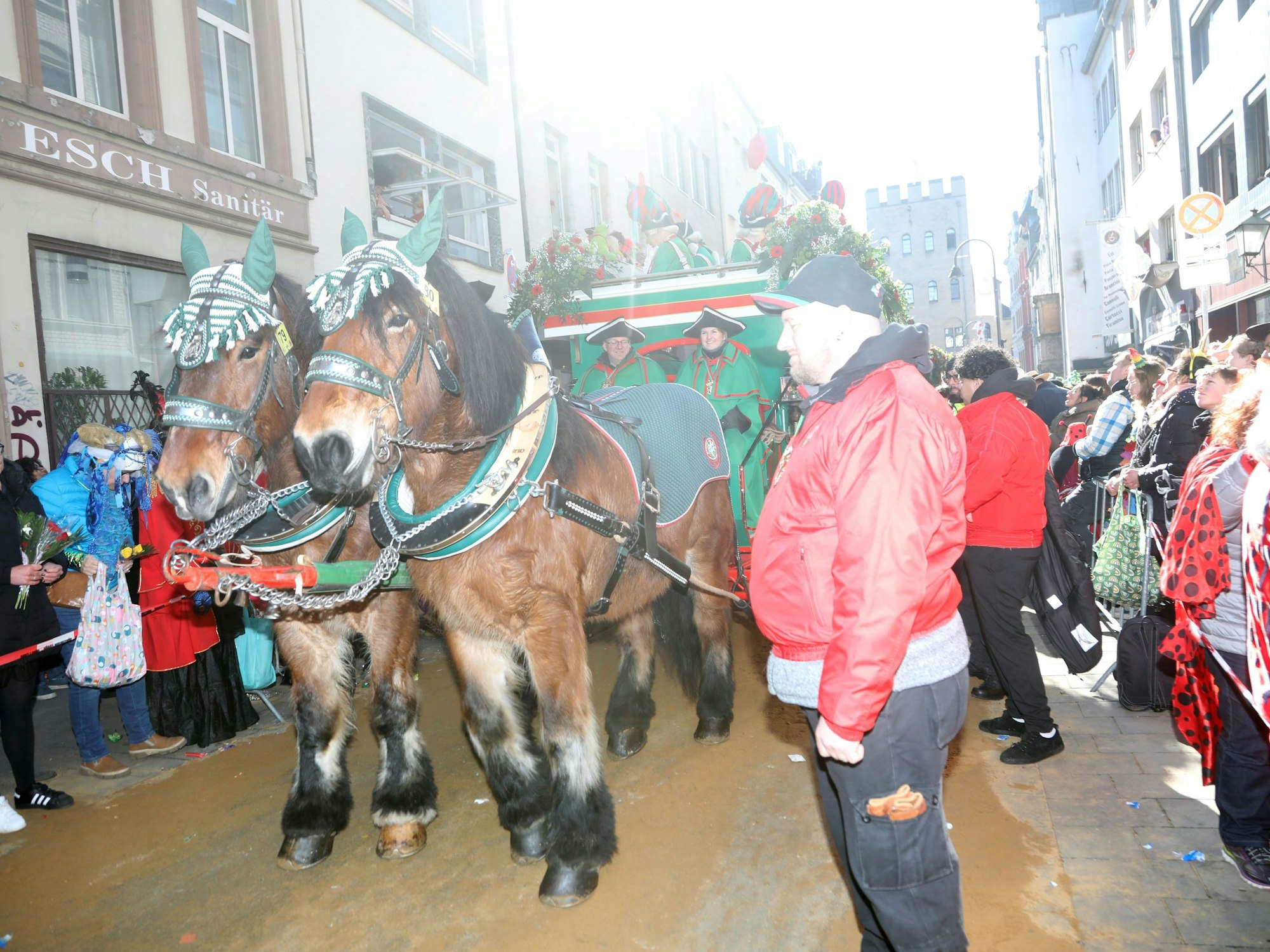 Ein Pferdegespann auf dem Rosenmontagszug am Rosenmontag 2025