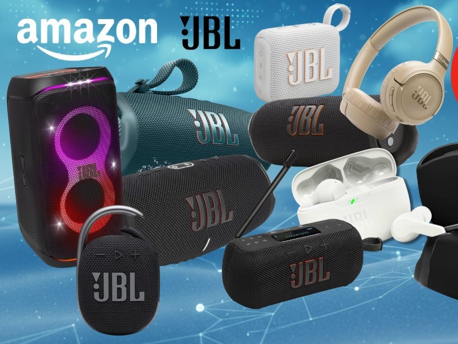 JBL Boxen, Lautsprecher, Speaker und Bluetooth-Kopfhörer wie PartyBox 120, JBL Go 4, JBL Flip 7, JBL Tuner 3, JBL Charge 6, JBL Tune 680 NC oder die JBL Wave Buds 2 vor einem blauen, technischen Hintergrund.
