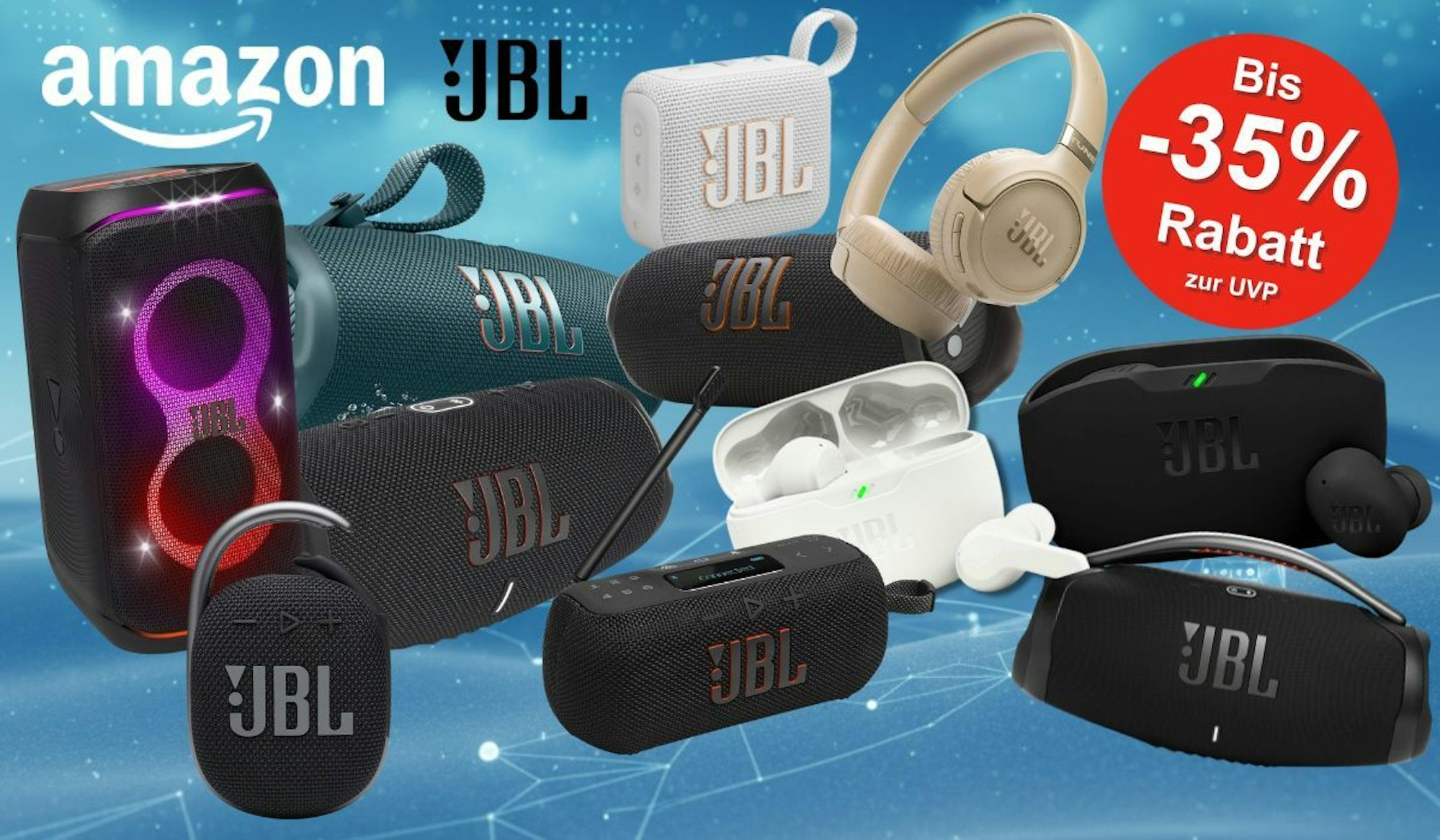 JBL Boxen, Lautsprecher, Speaker und Bluetooth-Kopfhörer wie PartyBox 120, JBL Go 4, JBL Flip 7, JBL Tuner 3, JBL Charge 6, JBL Tune 680 NC oder die JBL Wave Buds 2 vor einem blauen, technischen Hintergrund.