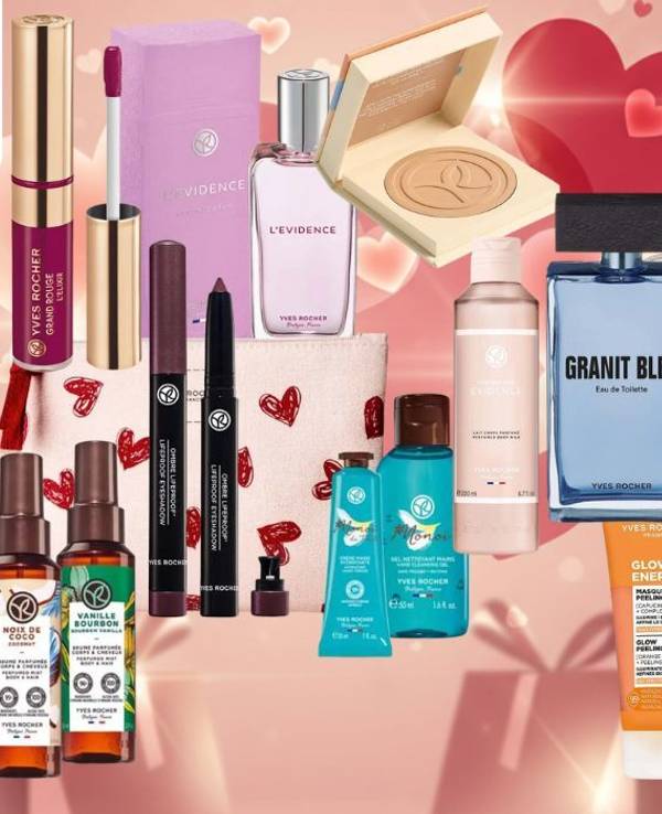 Yves Rocher Pflege und Beauty Produkte von verschiedene Beauty Marken, Cremes, Parfums und mehr vor rosa Hintergrund mit Herzen.