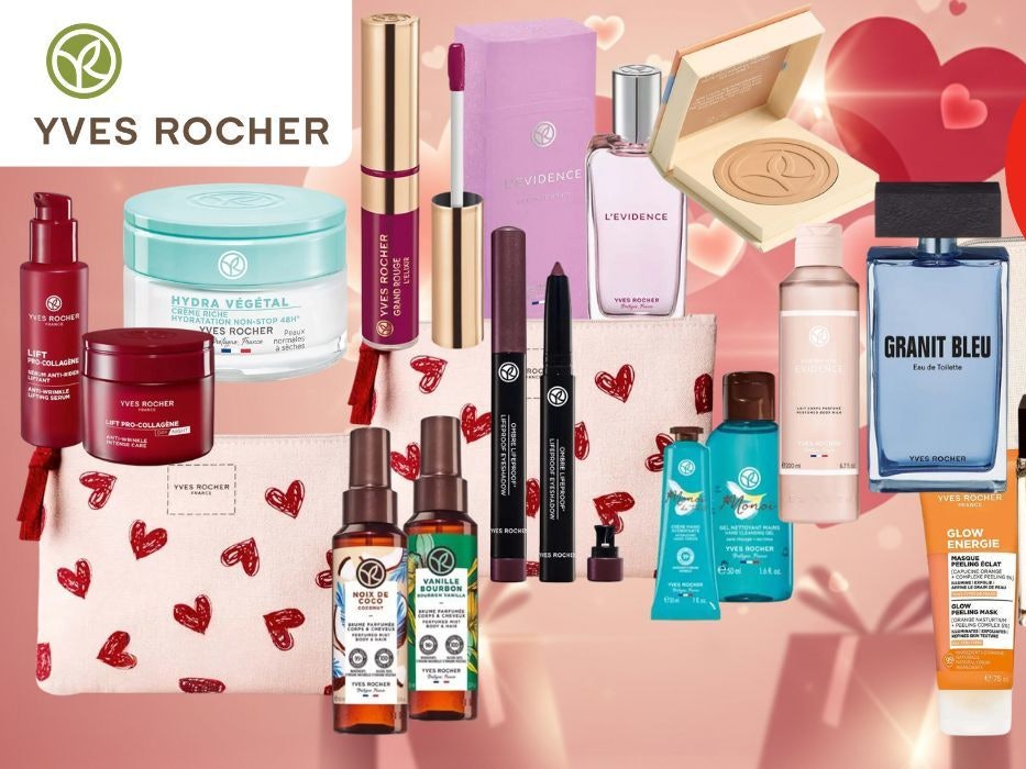 Yves Rocher Pflege und Beauty Produkte von verschiedene Beauty Marken, Cremes, Parfums und mehr vor rosa Hintergrund mit Herzen.