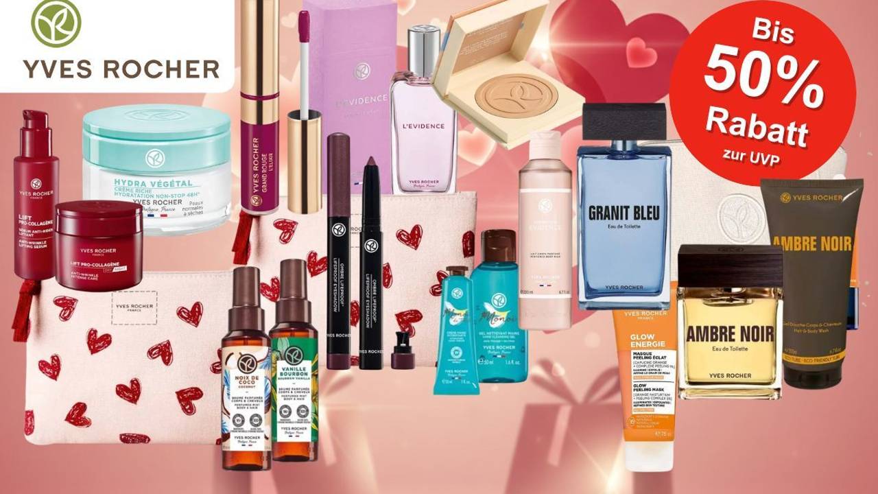 Yves Rocher Pflege und Beauty Produkte von verschiedene Beauty Marken, Cremes, Parfums und mehr vor rosa Hintergrund mit Herzen.