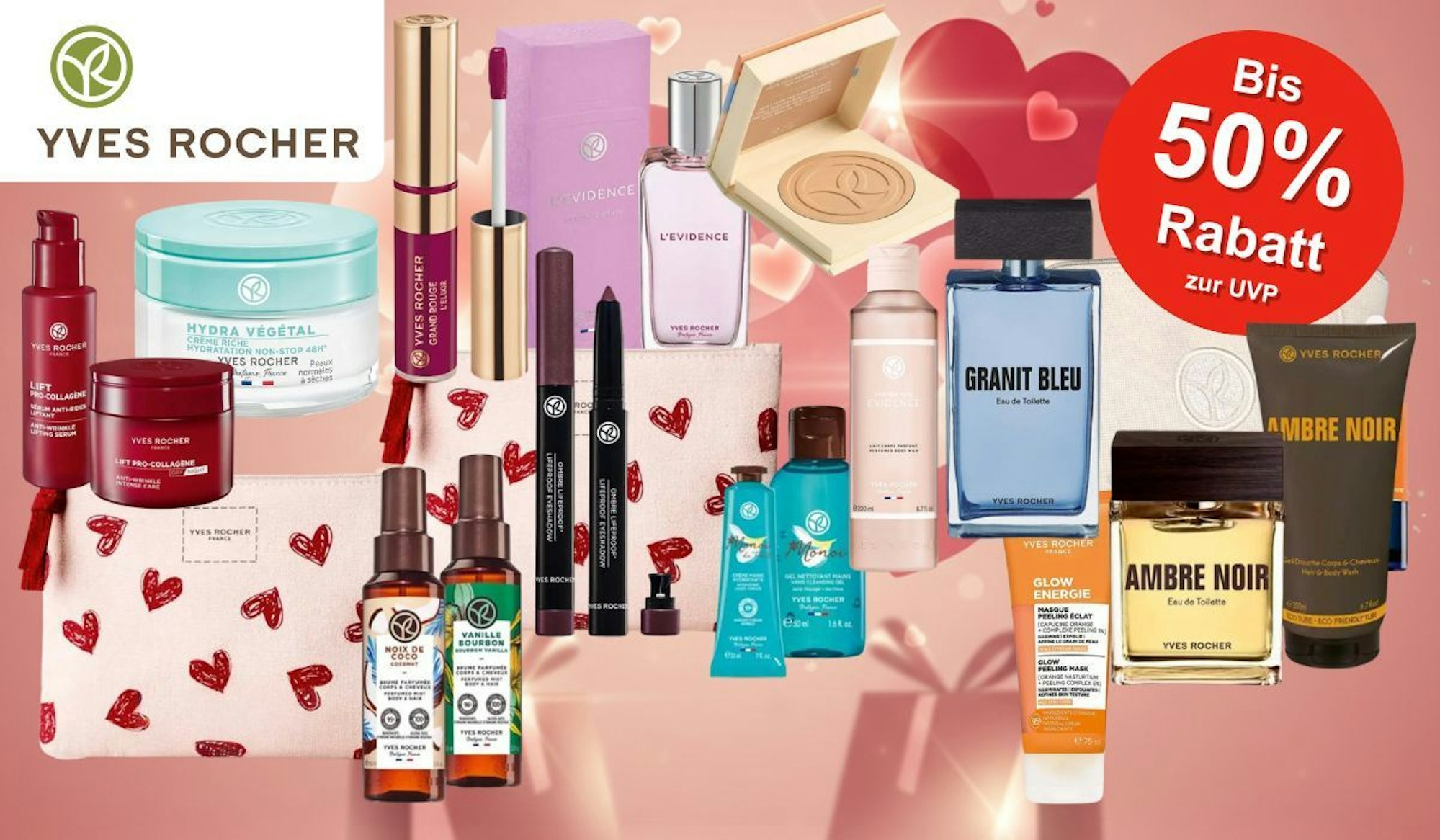 Yves Rocher Pflege und Beauty Produkte von verschiedene Beauty Marken, Cremes, Parfums und mehr vor rosa Hintergrund mit Herzen.