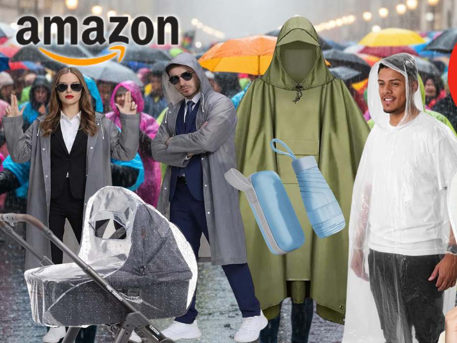 Collage von verschiedenen Regenschutz-Produkten wie Ponchos und Jacken für den Karneval.
