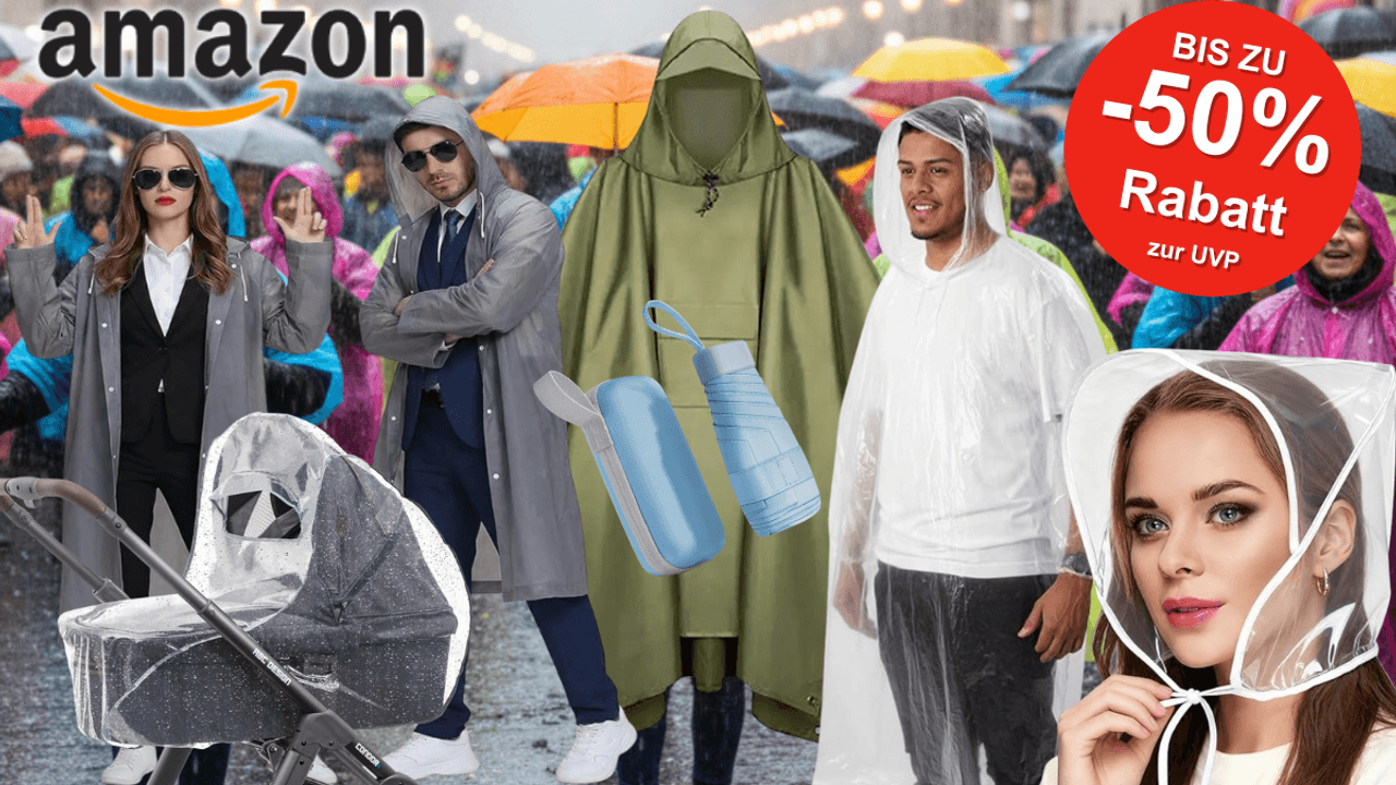 Collage von verschiedenen Regenschutz-Produkten wie Ponchos und Jacken für den Karneval.