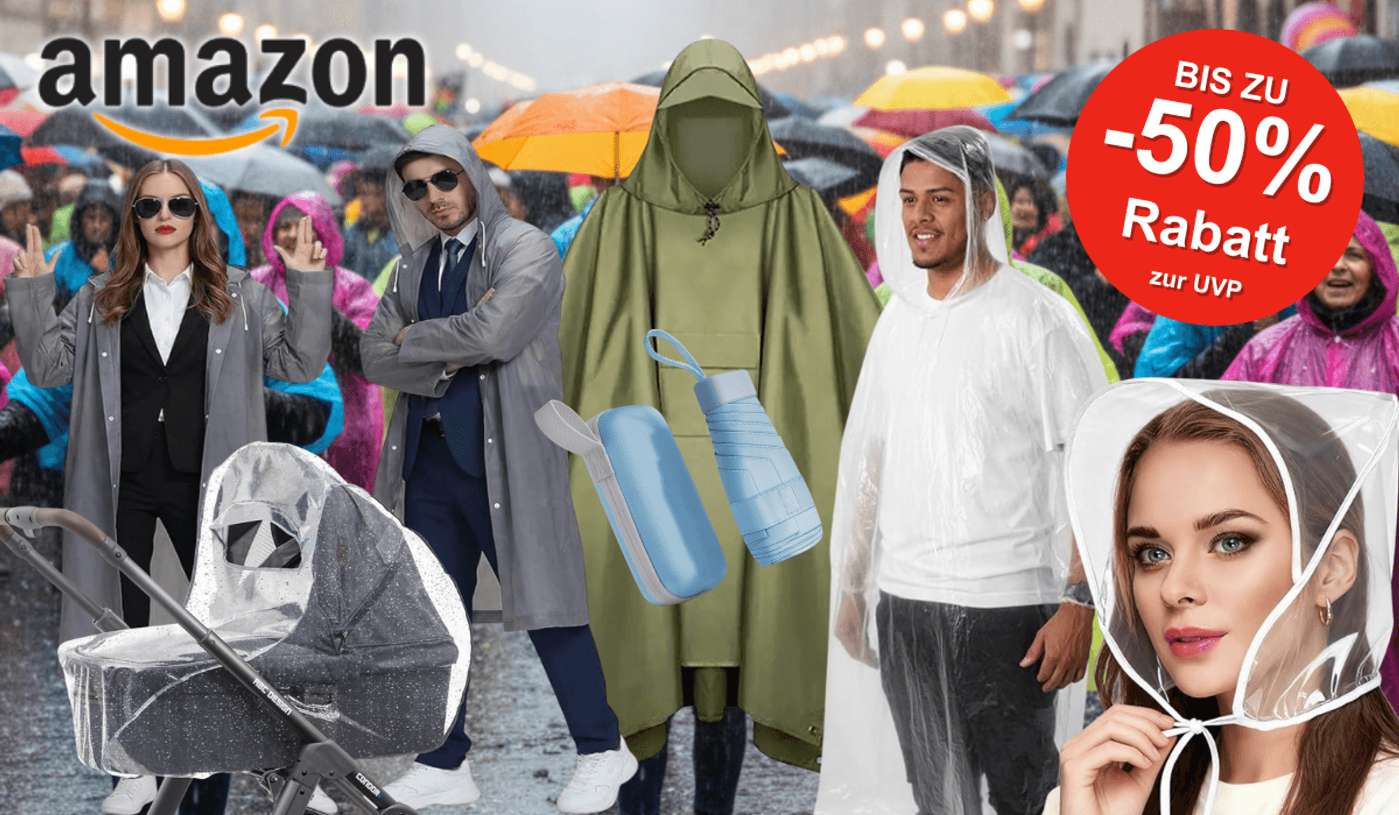 Collage von verschiedenen Regenschutz-Produkten wie Ponchos und Jacken für den Karneval.