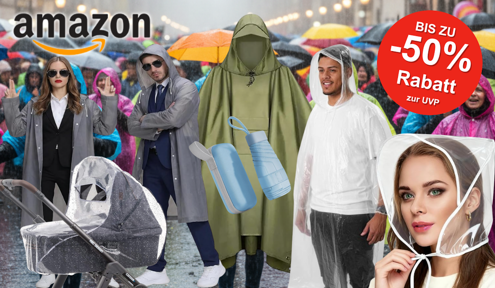 Collage von verschiedenen Regenschutz-Produkten wie Ponchos und Jacken für den Karneval.