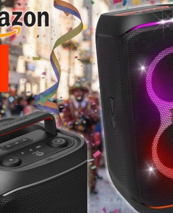 JBL Partybox Stage 120 mit leuchtender LED‑Lichtshow vor einer bunten Karnevals-Szenerie; Amazon- und JBL-Logos sowie ein roter Rabatt-Hinweis mit „Jetzt −35 % Rabatt zur UVP“.
