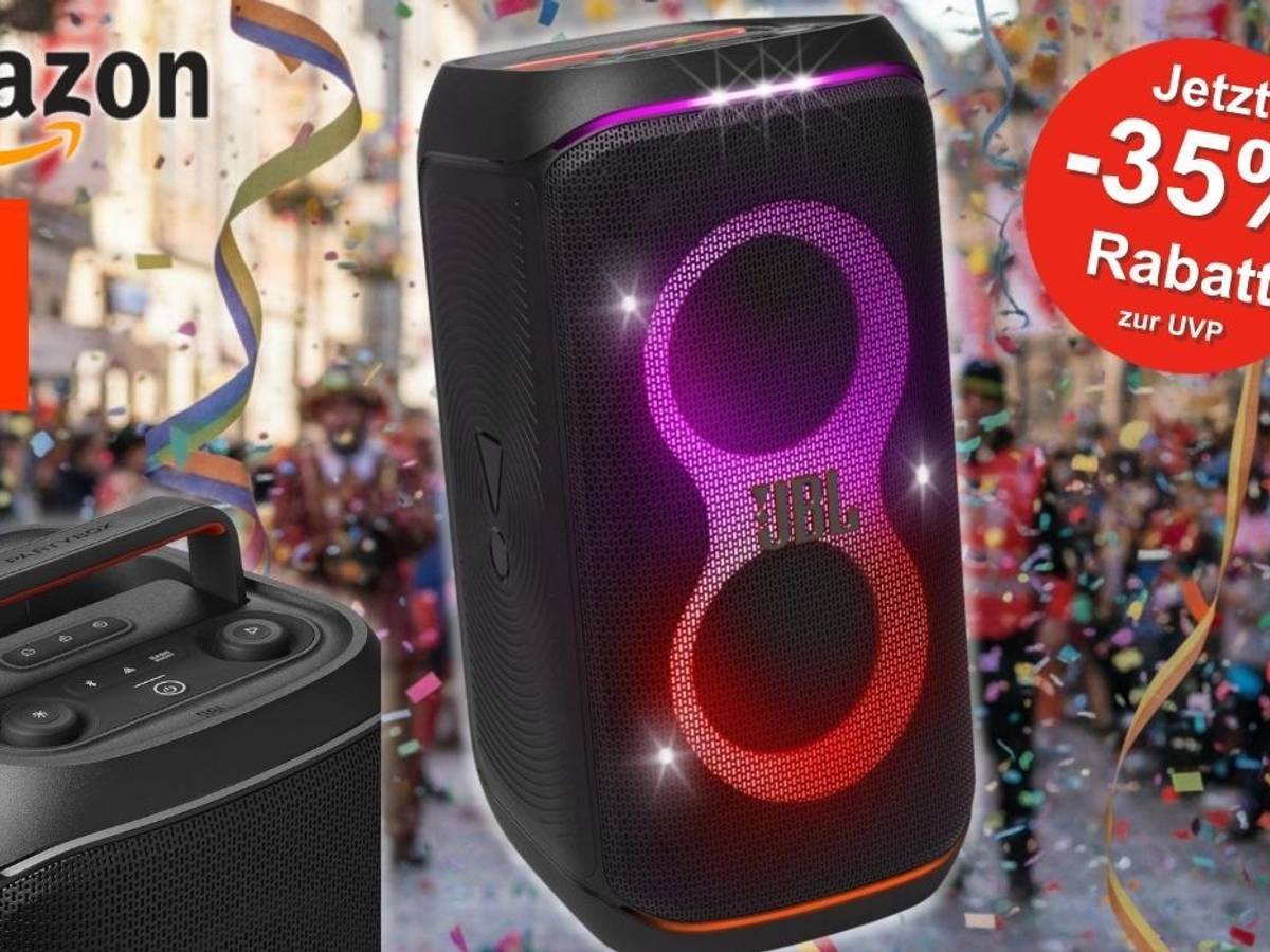 JBL Partybox Stage 120 mit leuchtender LED‑Lichtshow vor einer bunten Karnevals-Szenerie; Amazon- und JBL-Logos sowie ein roter Rabatt-Hinweis mit „Jetzt −35 % Rabatt zur UVP“.