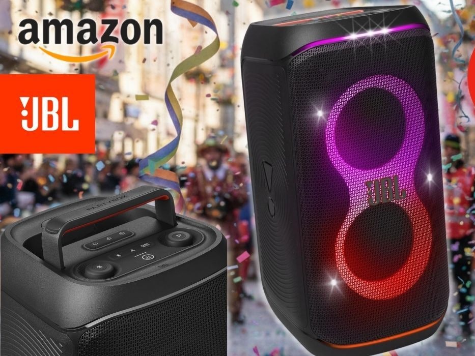 JBL Partybox Stage 120 mit leuchtender LED‑Lichtshow vor einer bunten Karnevals-Szenerie; Amazon- und JBL-Logos sowie ein roter Rabatt-Hinweis mit „Jetzt −35 % Rabatt zur UVP“.
