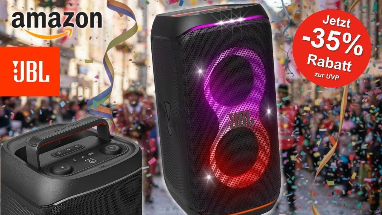 JBL Partybox Stage 120 mit leuchtender LED‑Lichtshow vor einer bunten Karnevals-Szenerie; Amazon- und JBL-Logos sowie ein roter Rabatt-Hinweis mit „Jetzt −35 % Rabatt zur UVP“.
