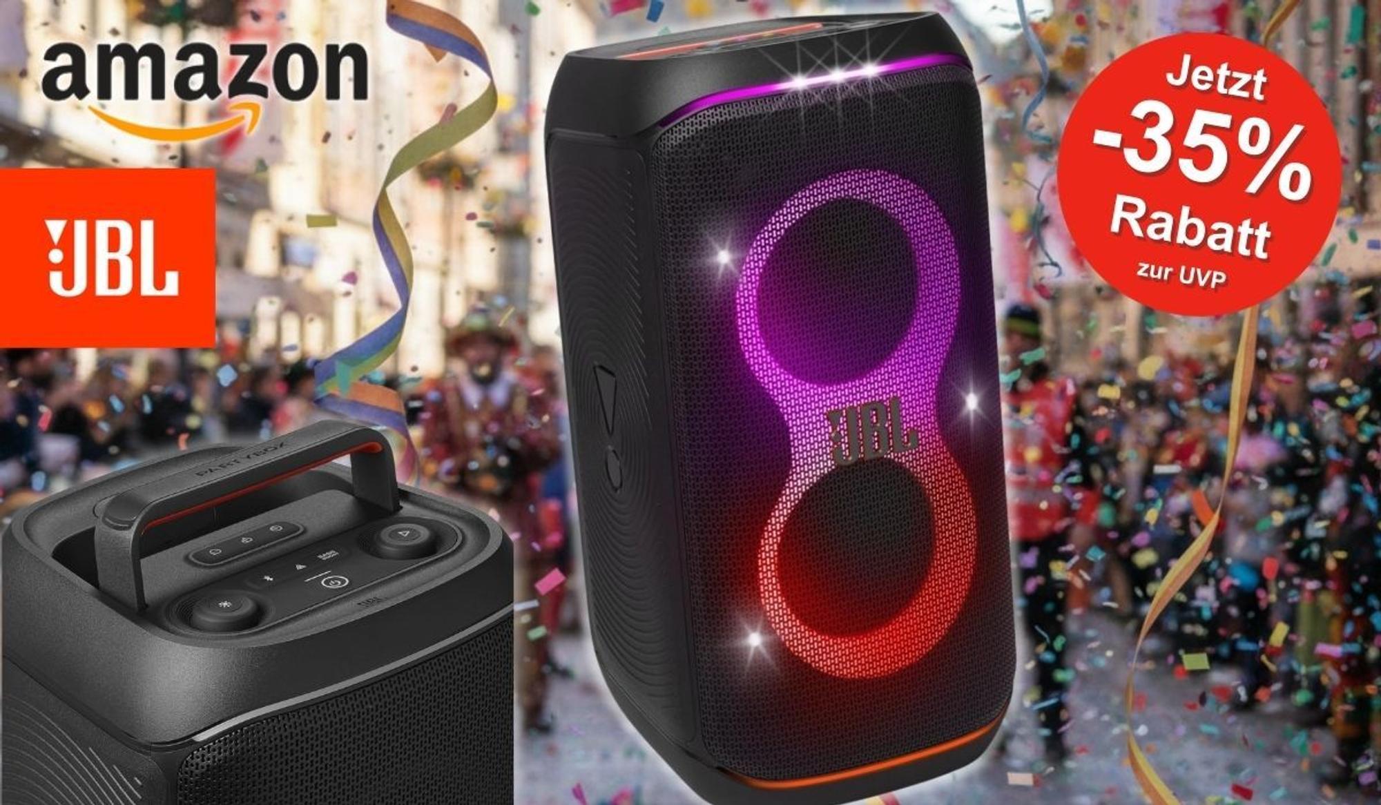 JBL Partybox Stage 120 mit leuchtender LED‑Lichtshow vor einer bunten Karnevals-Szenerie; Amazon- und JBL-Logos sowie ein roter Rabatt-Hinweis mit „Jetzt −35 % Rabatt zur UVP“.