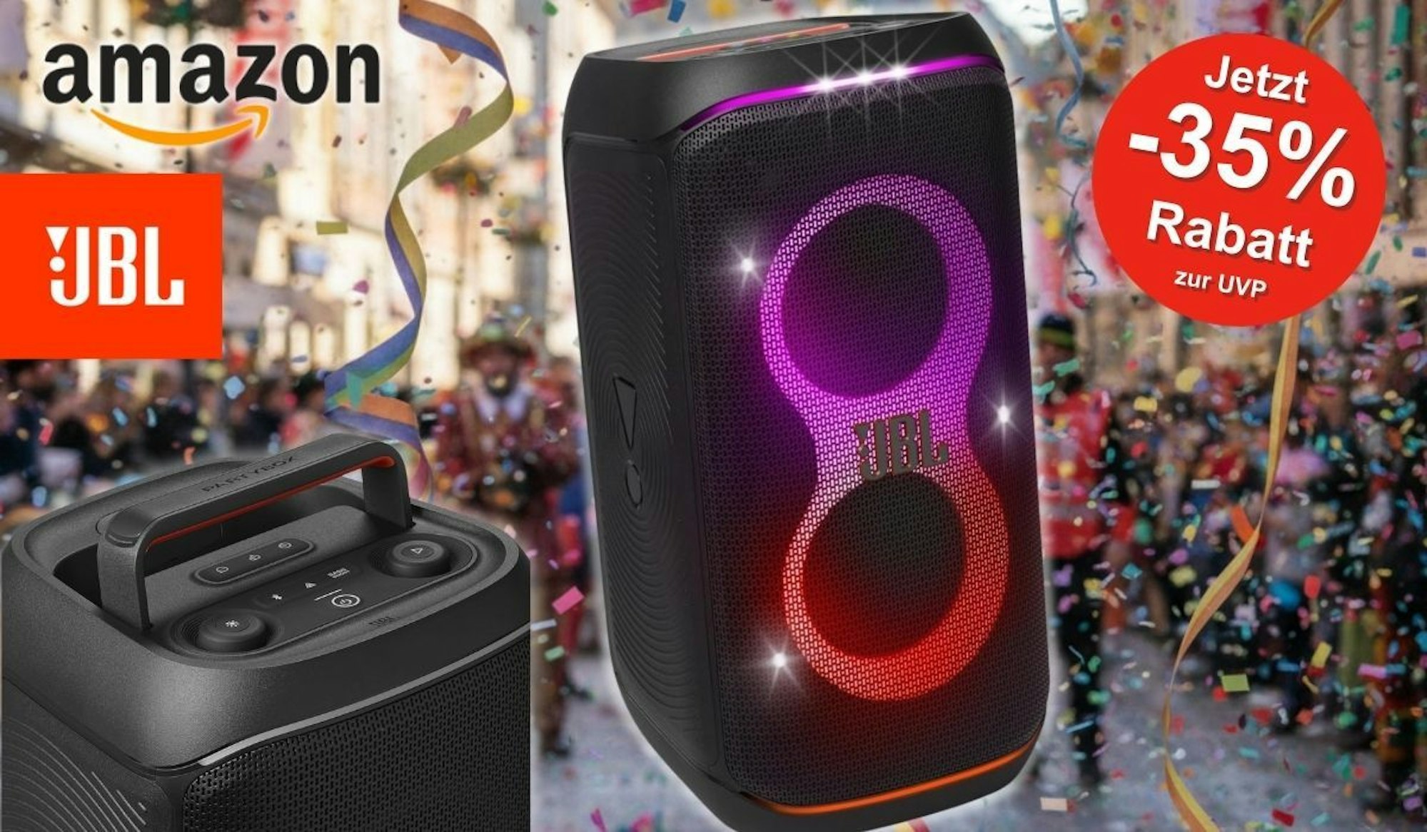 JBL Partybox Stage 120 mit leuchtender LED‑Lichtshow vor einer bunten Karnevals-Szenerie; Amazon- und JBL-Logos sowie ein roter Rabatt-Hinweis mit „Jetzt −35 % Rabatt zur UVP“.