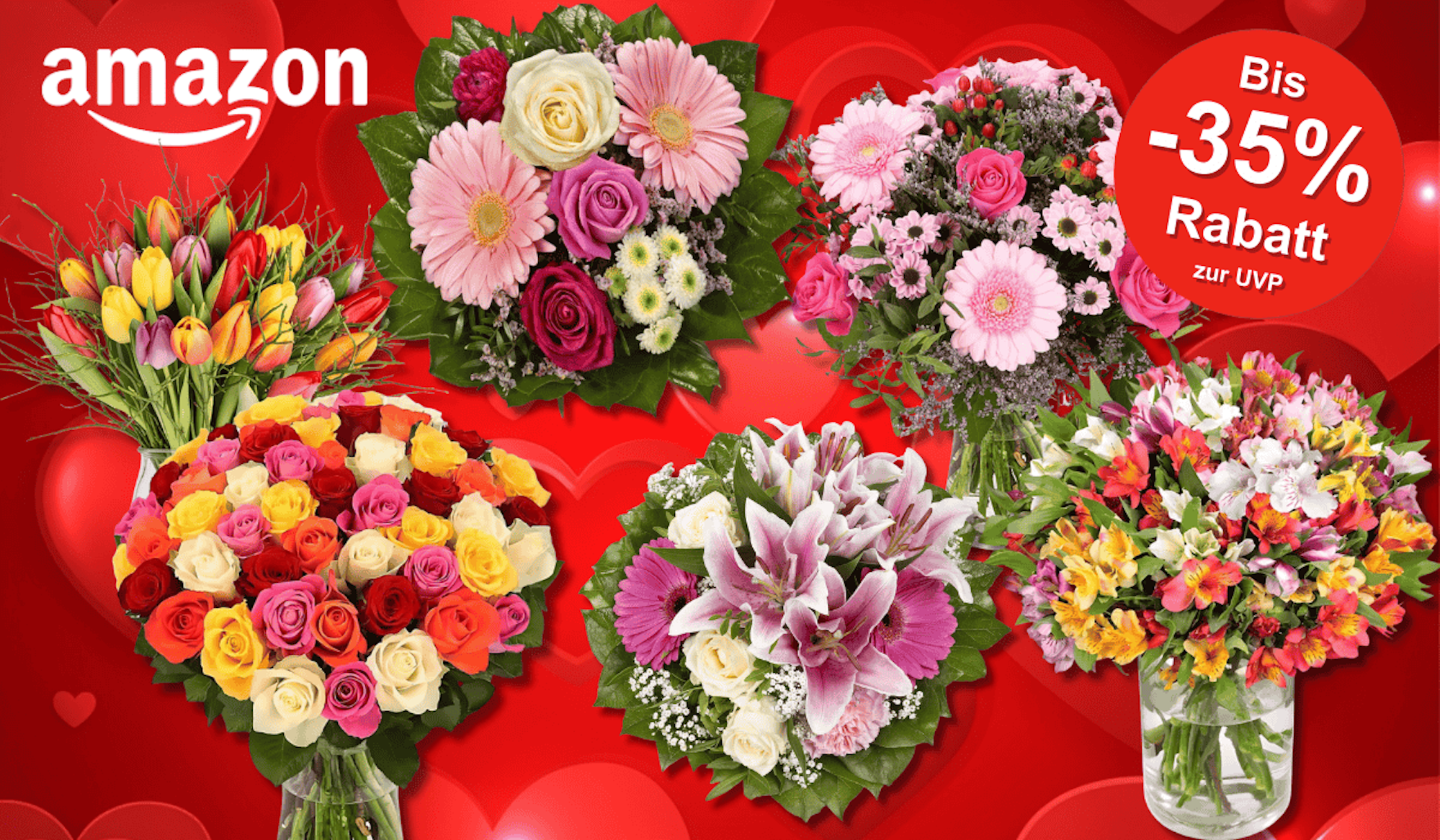 Verschiedene Blumensträuße vor einem roten Hintergrund.