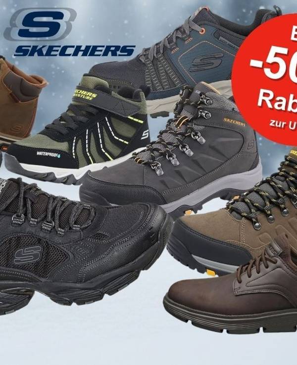 Skechers Herren Winterschuhe und Winterstiefel und Sneaker in verschiedenen Farben und Designs vor einem verschneiten Hintergrund aus der Natur.