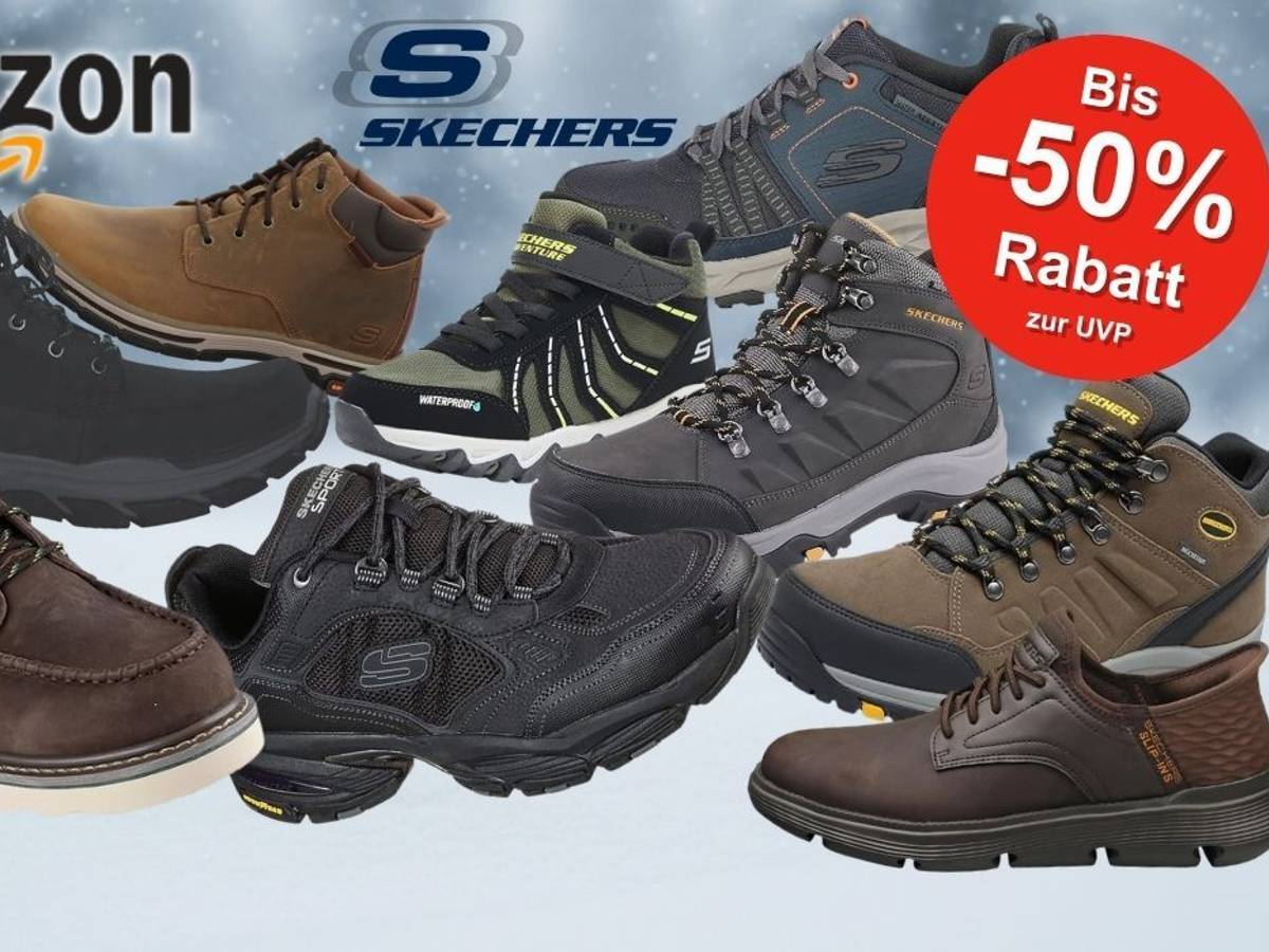 Skechers Herren Winterschuhe und Winterstiefel und Sneaker in verschiedenen Farben und Designs vor einem verschneiten Hintergrund aus der Natur.