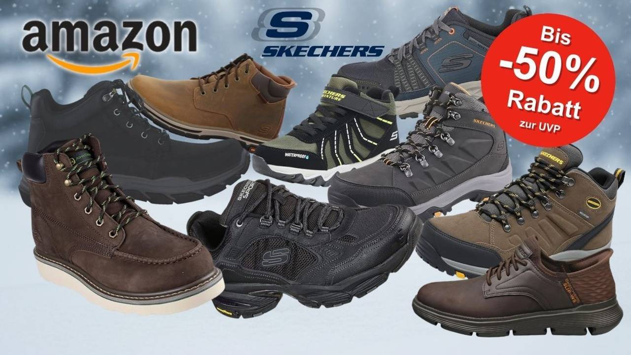 Skechers Herren Winterschuhe und Winterstiefel und Sneaker in verschiedenen Farben und Designs vor einem verschneiten Hintergrund aus der Natur.