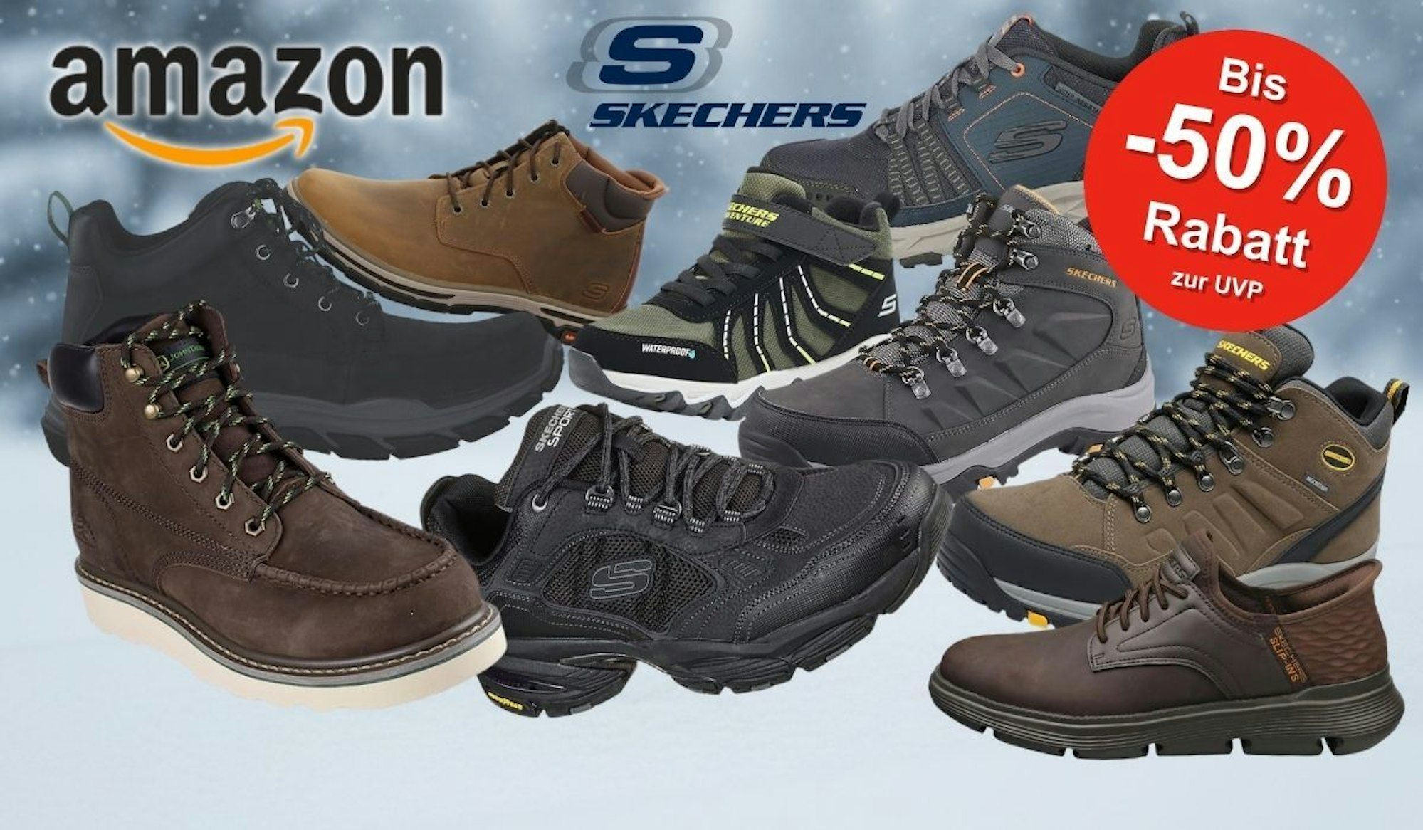 Skechers Herren Winterschuhe und Winterstiefel und Sneaker in verschiedenen Farben und Designs vor einem verschneiten Hintergrund aus der Natur.