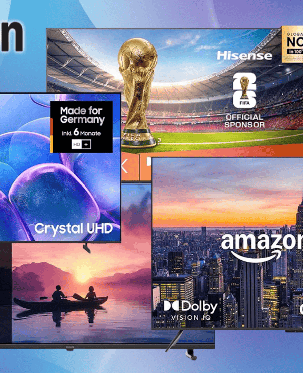 Verschiedene UHD 4K Smart TVs von Samsung, Amazon Fire TV, Hisense und mehr vor einem hellblauen Hintergrund.