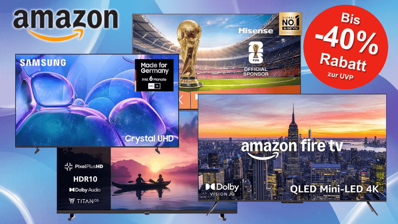 Verschiedene UHD 4K Smart TVs von Samsung, Amazon Fire TV, Hisense und mehr vor einem hellblauen Hintergrund.